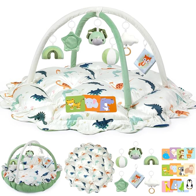 5-in-1 Baby Gym Play Mat with Cartoon Pattern, Extra Thick Plush Tummy Time Activity Gym with Hanging Toys, Sensory Development & Motor Skills Training Floor Mat, Dinosaur