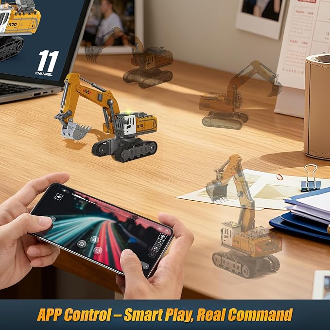 1:64 Remote Control Mini Excavator Toy, 2.4GHz RC Excavator with 11-Channels, 330° Rotation, Type-C Charging, LED Light & Music, Includes 4 Road Barriers, Construction Vehicle Gift for Kids & Adults