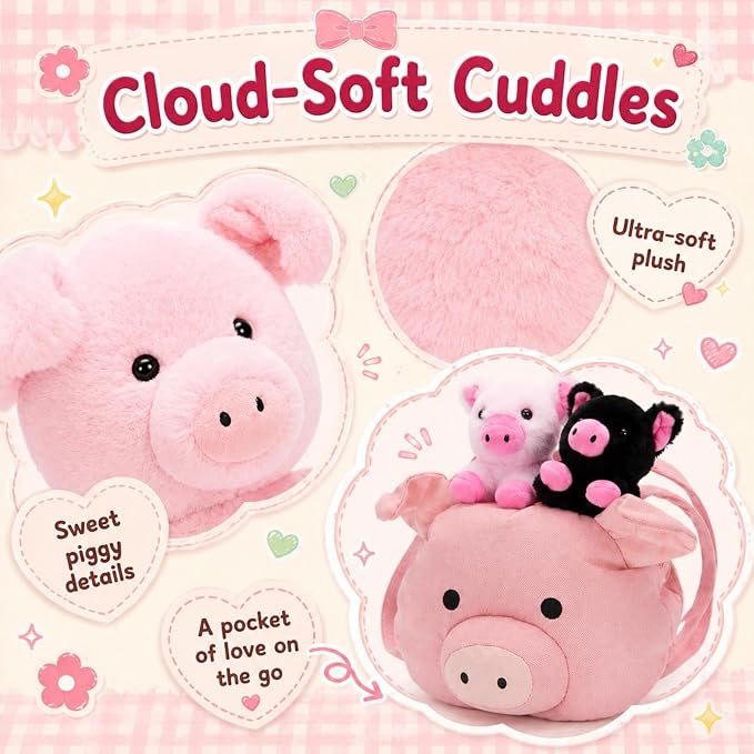 Pig Plush Toy Set, 21" Large Mother Pig Stuffed Animal with 2 Baby Pigs and Removable Backpack, Soft Farm Animal Plushies for Kids, Birthday