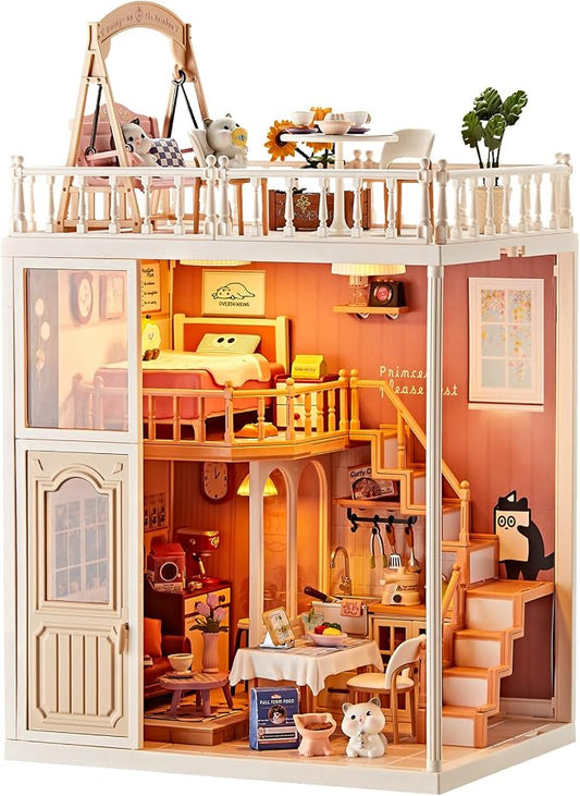 DIY Miniature House Kit for Kids 8+ – Cozy Home Tiny House with LED Light, Living Room, Kitchen & Swing Balcony, Dollhouse Mini Room Building Craft