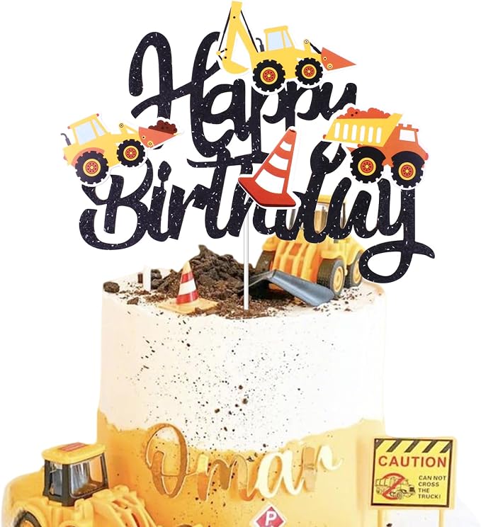 Construction Theme Happy Birthday Cake Topper Glitter Construction Cake Pick Dump Truck Excavator Tractor Cake Decorations Vehicles Cake Topper for Kids Birthday Baby Shower Party