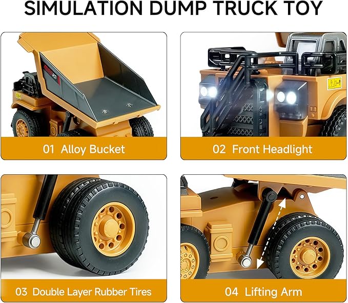 BRRRRT 1/64 RC Dump Truck,Full Proportion Mini Dump Truck Toy,8-Channel Remote Control Toy with Metal Bed & Light, RC Construction Vehicles,Type-C Built-in Battery for Boys and Girls Age 3+