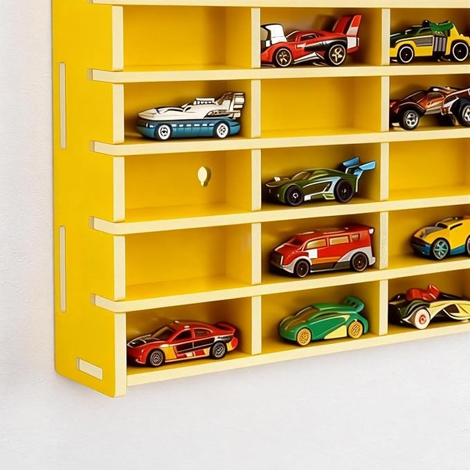 Krafetto Toy Car Display Shelf, Holds 40 Diecast 1/64 Toys Car, Wall Mount Model Cars Storage Organize Case (Yellow 1/64 Toy Car Display Shelf)