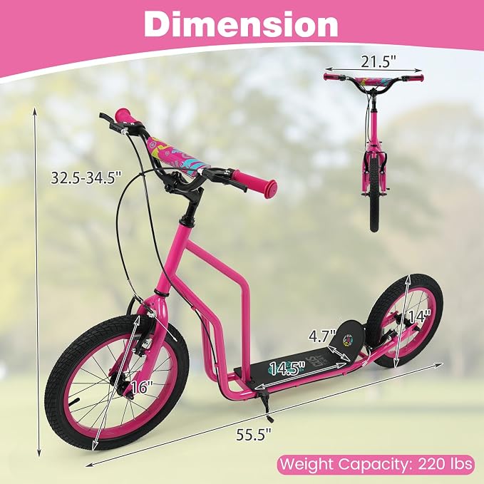 Costzon Big Wheels Kick Scooter for Kids 8+, Youth Scooter with Foldable & Height Adjustable Handlebar, Inflatable Shock Absorption Wheels, Dual Brakes for Teens, Adults, Max Load 220 LBS