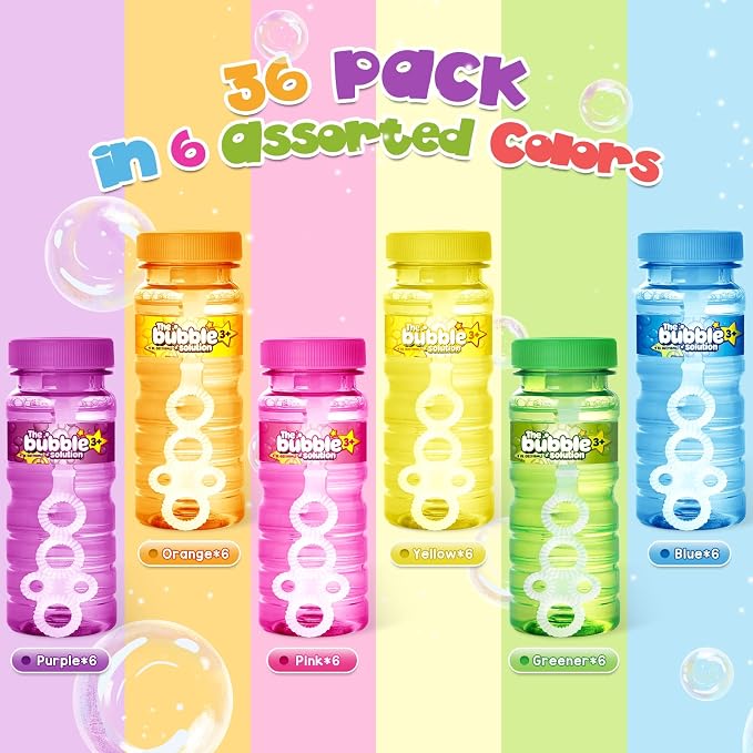 Shemira 36 Pcs Bubble Bottles with Wand, Bubble Party Favor Supply for Summer Indoor & Outdoor Activities, 4 OZ Bubble Solution Summer Toy in 6 Colors, Party Favor & Birthday Party Supplies