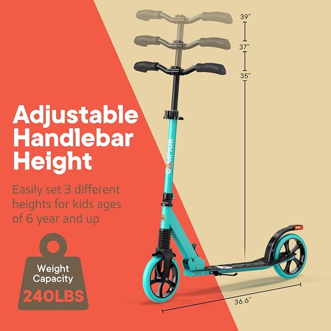 Campior Kick Scooter for Ages 6+, for Kids, Teens, and Adults, Max Load 240 LBS, Foldable, 8-inch Big Wheels for Kids and Adults, with Kickstand, 3 Adjustable Levels, Child Safety Approved, Aqua