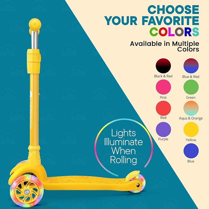 Outdoor Cruiser 3-wheel Kids Scooter – With Lean-to-steer Technology, Wide Deck, Led Lighted Wheel, 4-level Adjustable Height T-bar Handle, Support Kid Up to 150 Lbs, for Boys & Girls Ages 3-8, Yellow