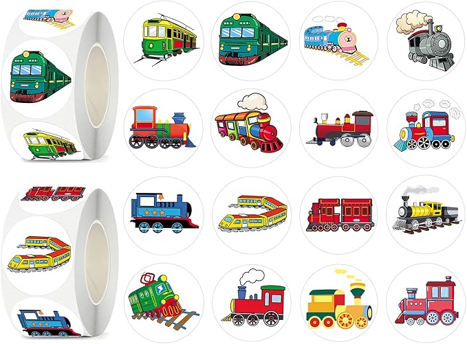 UVUXO 600 Pcs Train Stickers for Kids- 1.5 Inch Round Stickers Roll 16 Tyles Cute Train Kindergarten Stickers Teacher Sticker for Kids Birthday Party School Reward Giveaways