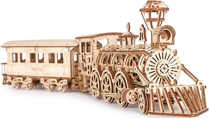 Wood Trick Wooden Toy Train Set with Railway - 34x7″ - Locomotive Train Toy Mechanical Model Kit - 3D Wooden Puzzles for Adults to Build - Engineering DIY Models for Adults to Build
