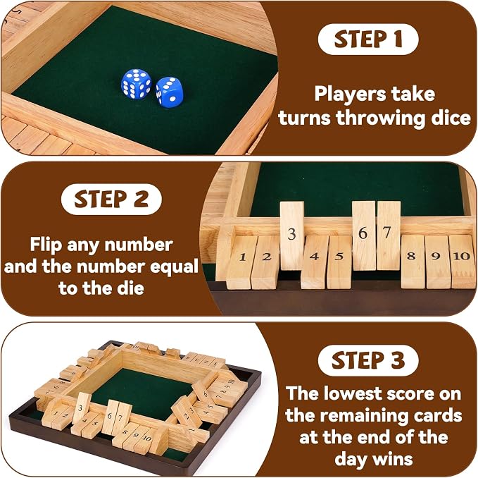 Kvintes 12 Inch Shut The Box Dice Game – Wooden Tabletop Board Game with Felt Mat, 10 Number Tiles & 8 Dice, Classic Bar Game, Family Game Night, Travel Game for Adults