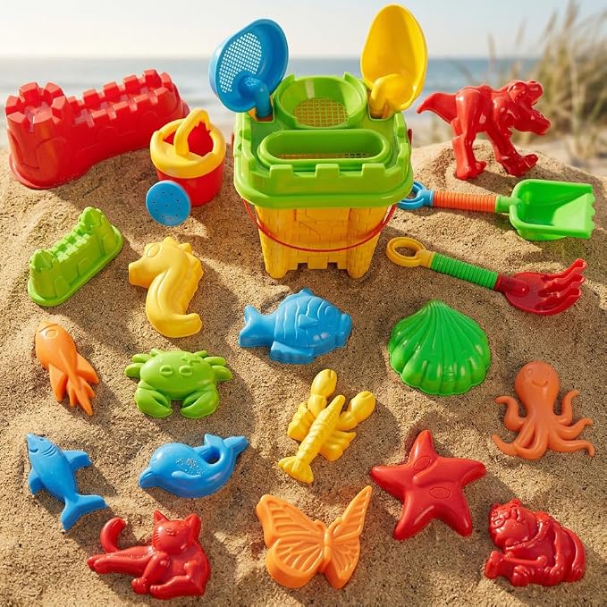 Beach Toys & Sand Toys for Kids Toddlers and Ages 4-12 — 23 Piece Sandbox Toys Set with Reusable Storage Bag, Sand Castle Building Kit, Animal Molds, Shovels, Rake, Sifter & Watering Can