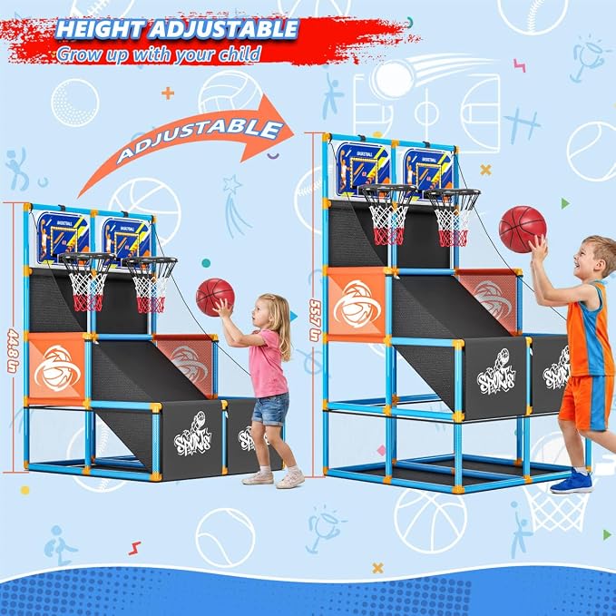 Dual Shot Arcade Basketball Game Set Boy Toys:Kids Basketball Hoop with 6 Balls Electronic Scoreboard LED Light Indoor Outdoor Sports Toy Activities for Boys Girls Birthday Gifts Aged 3-5 6-8 8-12