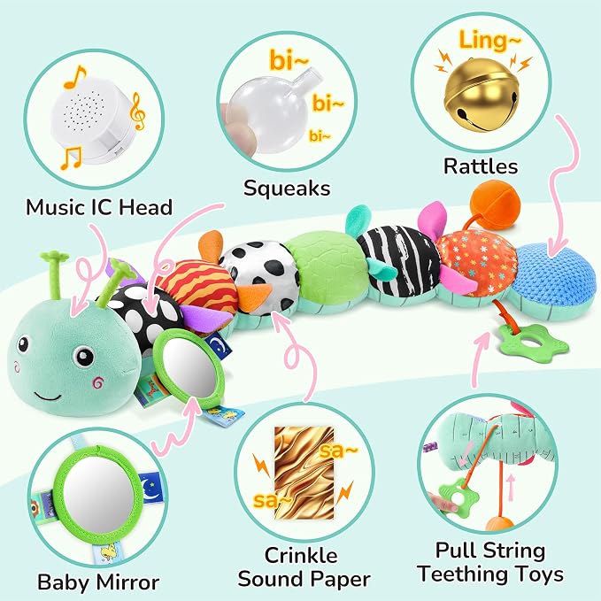 AWOTOY Baby Sensory Toys Music Caterpillar Plush Infant Toys 0 6 12 Months | Stuffed Animals Tummy Time Teething Toys with Mirror Pull String Rattle Baby Toys for Newborn Boy Girl Shower Birthday Gifts
