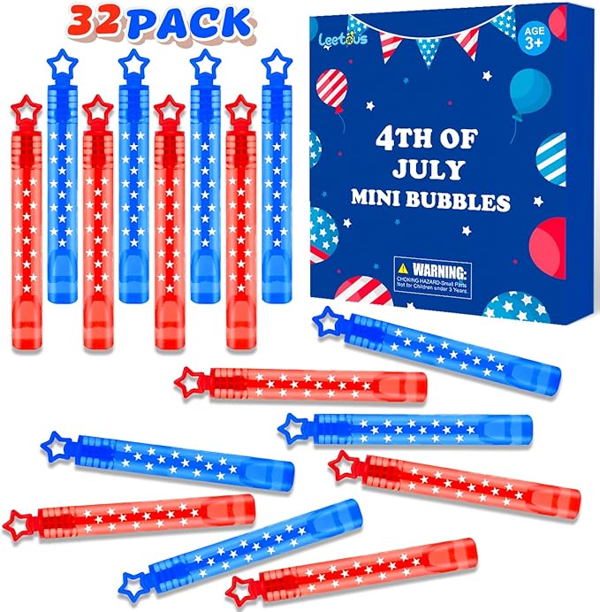 Fourth of July Party Favors Supplies for Kids,32 Pack 4th of July Mini Bubbles Goodie Treat Bags Stuffers for Toddler Boys Girls,250th Anniversary Patriotic Toys Gifts Prize Accessories Birthday Decor
