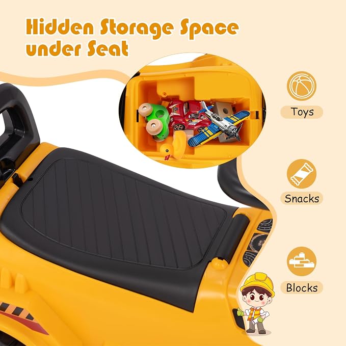 Costzon Ride On Excavator, Kids Construction Digger Truck, Ride on Push Car for Toddlers w/Working Shovel, Engine Sound, Under-seat Storage, Anti-Rollover Device, Sliding Car Vehicle Toy(Excavator)