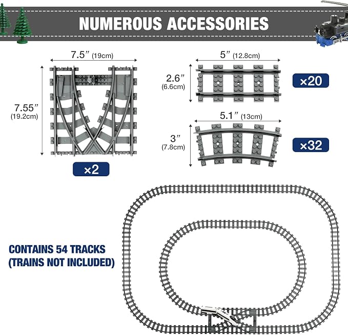 MANNIDOO Classic City Train Tracks, 54 Pieces Railroad Track with 32 Curved, 20 Straight and 2 Switch Train Tracks, Train Expansion Accessories Compatible with All Major Train Tracks