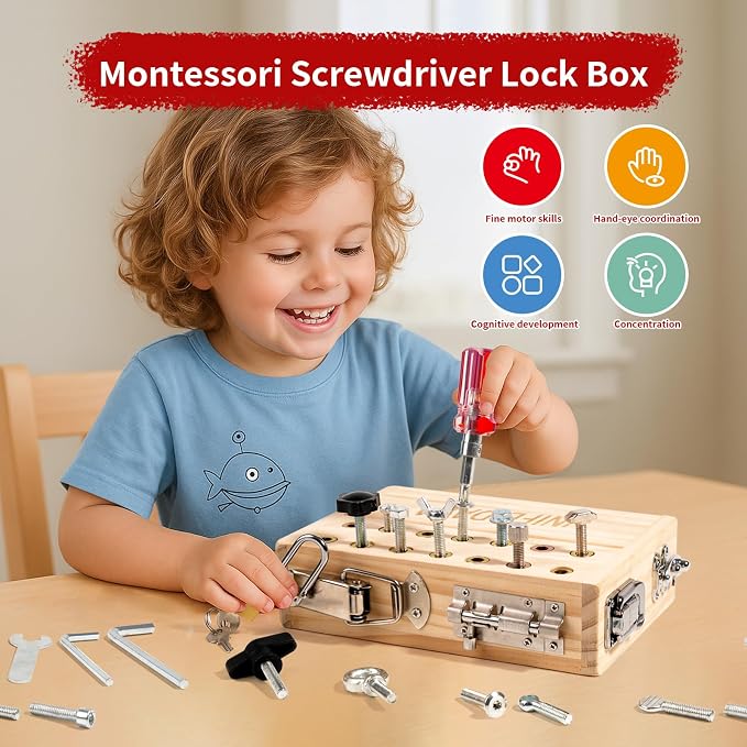 INIFEIDALA Montessori Busy Board for Toddlers 3-5,Wooden Sensory Toy with Locks,Latches & Screwdriver Set, Fine Motor Skills Learning Toy for Travel,Quiet Play & Preschool Activities