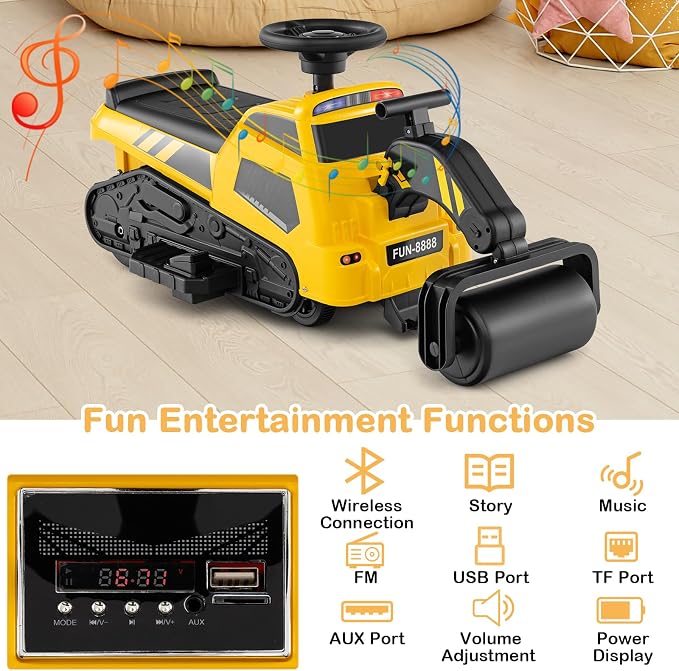 Costzon 3-in-1 Ride on Tractor, Electric Excavator Bulldozer Toy Road Roller w/Adjustable Arms, Music, 6V Ride on Construction Vehicles for Kids 1.5+ Years Old
