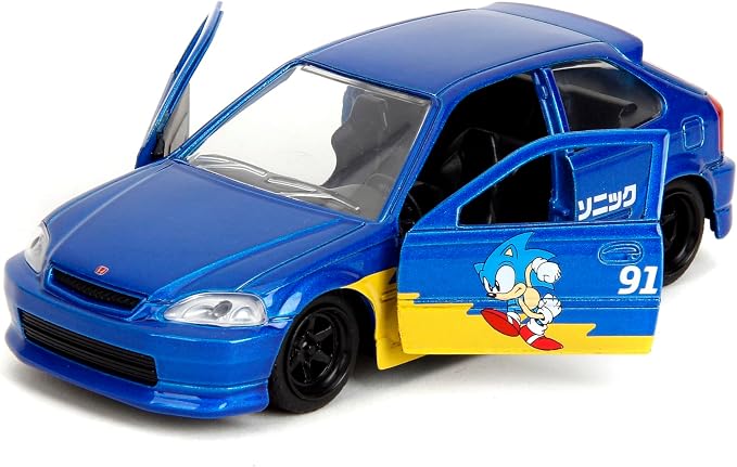 Jada Toys Sonic the Hedgehog with 1997 Honda Civic Type-R Die-Cast Car – 1:32 Scale, Highly Detailed Collectible Model with Sonic Figure, for Ages 8+