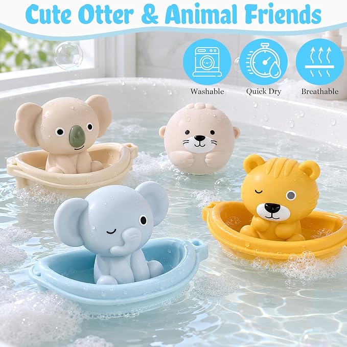 Otter Bath Toy for Toddlers 1-3, 12pcs No-Hole Bath Toys for Kids Interactive Basketball Hoop, Squeeze Animal Balls, Floating Boats, Fishing Net and Storage Bag Bathtub Pool Water Toys for Boys Girls