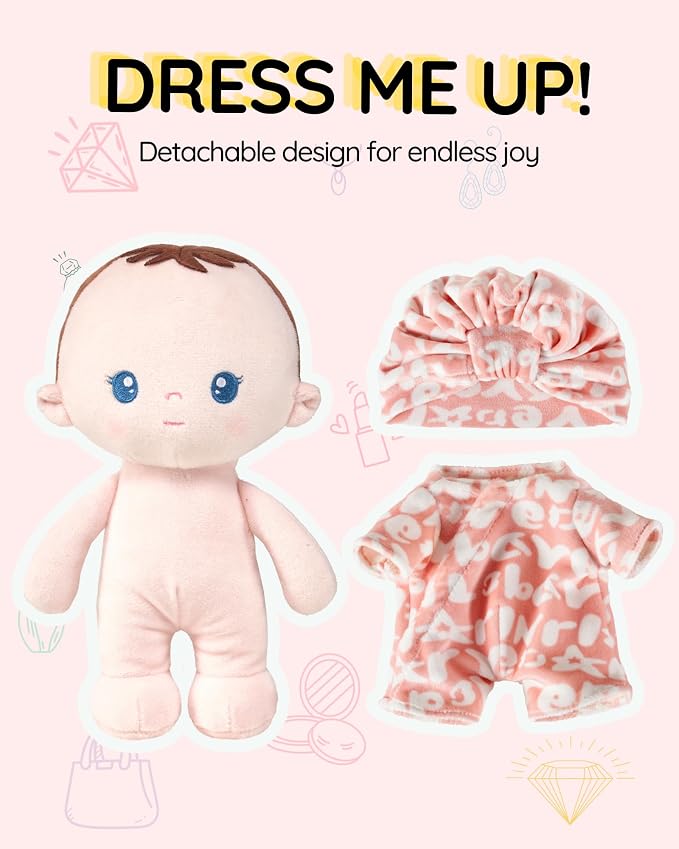 LeyaDoll Soft Baby Doll Gift Set - First Baby Doll Accessories Plush Rag Sleeping Cuddle Buddy Doll Toy Mini Pink Set for Kids Girls (9'') - Pudding Baby-Light