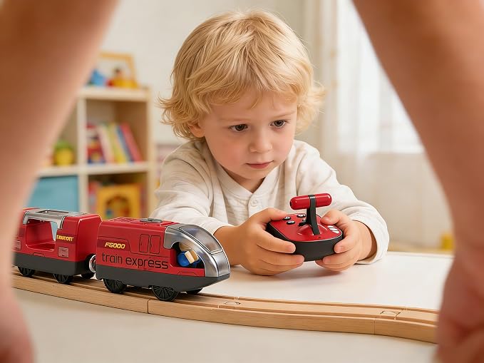 Battery Operated Train for Wooden Track, Remote Control Vehicle for Toddlers, Motorized Train Toy Set Compatible with Thomas, Brio