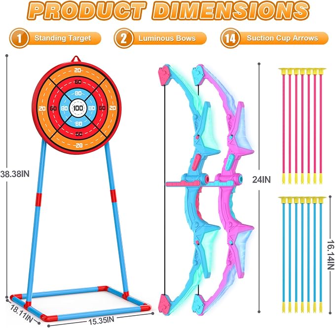 Ocditikl 2 Pack Bow and Arrow Set for Kids, Light Up Archery Set with 14 Suction Cup Arrows, Outdoor Toys for Kids Ages 6-8 8-12, Birthday Gifts Ideas Toys for 4 5 6 7 8 9 10 Year Old Girls Boys