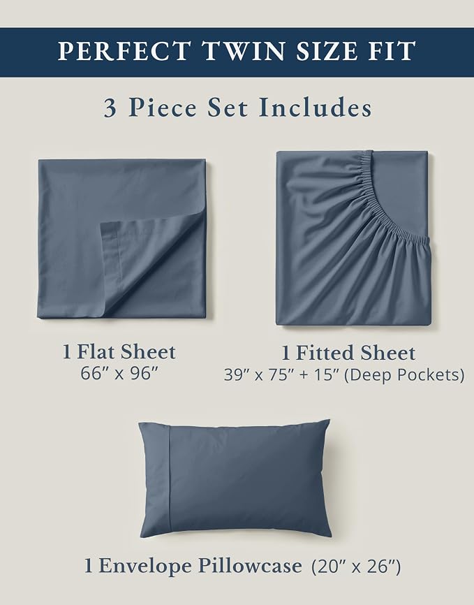 LANE LINEN Twin Sheet Set 100% Organic Cotton 3pc Percale - Estate Blue | GOTS Certified Organic Cotton Percale Twin Sheet Set - Soft From The First Wash, Crisp Cool Percale Weave, Great For Gifting