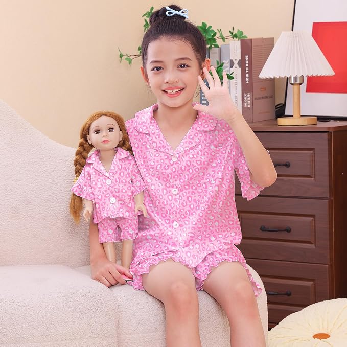 ICOSY Matching Doll & Girls Silk Pajamas Satin Pjs for Girls Button-Down Top and Shorts for 18" Doll Girl Clothes