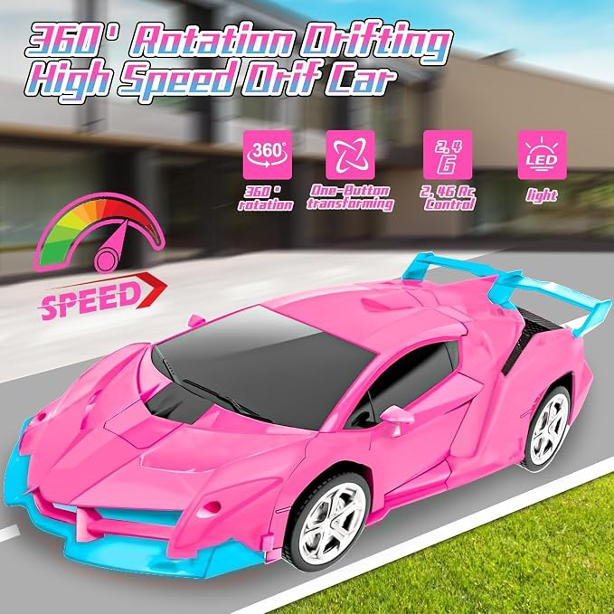 Pink Remote Control Car for Girls Age 3 4 5 6 7 8, Transformation Rc Cars Racing Car with One-Button Deformation & 360°Drifting Robot Toys for Birthday(Pink)