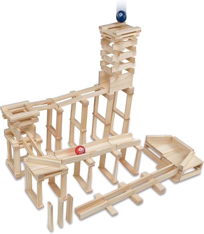 MindWare KEVA Contraptions, Wooden Blocks Building Set, Marble Run Kit, Includes 2 Balls - 400 Planks