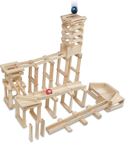 MindWare KEVA Contraptions, Wooden Blocks Building Set, Marble Run Kit, Includes 2 Balls - 400 Planks