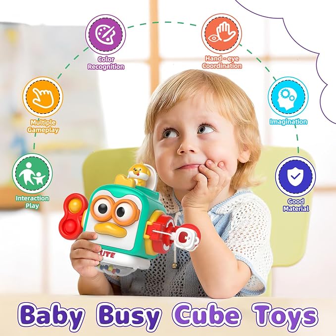 usrela 5 in 1 Baby Toys for 12 18 Month, Learning Toy for Babies 12-18 Months, Baby Busy Cube, Stacking&Sensory, Pull String&Piano Xylophone Toy, Birthday Gift for 12+ Month