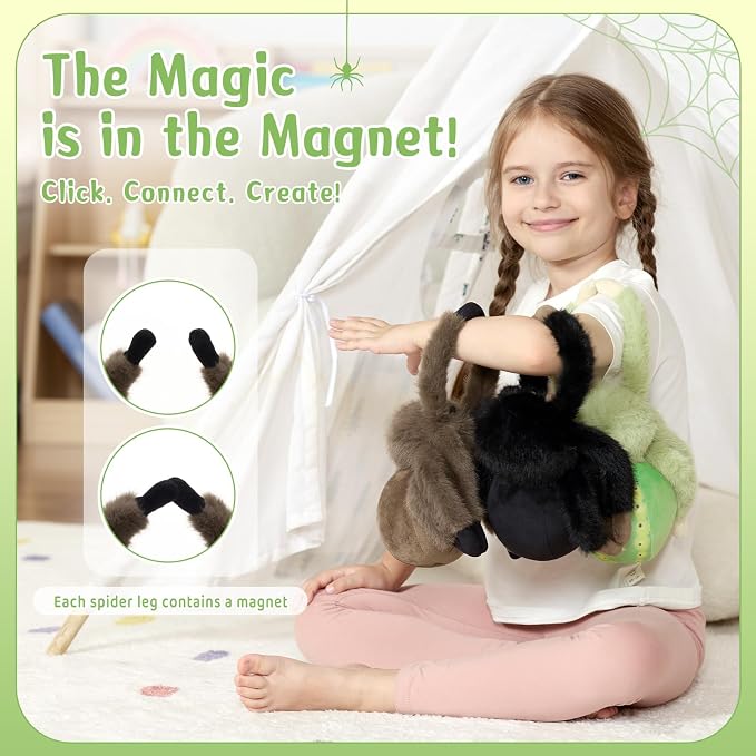 MorisMos Cute Spider Stuffed Animals, 3 Pack Stuffed Spider Plush with Magnetic Foot, Cuddly Adorable Plush Spider Toy Set for Kids Boys Girls, Ghost Spider Decoration Gifts