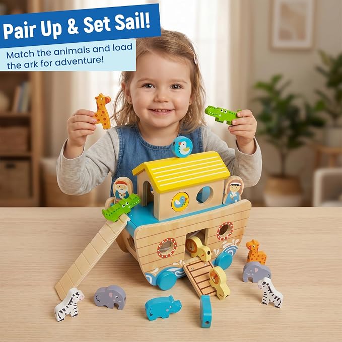 Wooden Noah's Ark Toy for Toddlers 1-3, Baptism Christening Gifts for Boys Girls, Christian Toy Animal Shape Sorter, Baby Birthday