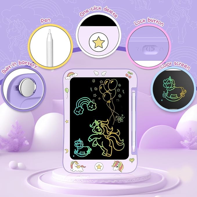 Genialba LCD Writing Tablet for Kids, Colorful Screen Drawing Board for 3-7 Year Old Boys & Girls - Educational Toys for Birthday & Christmas (Unicorn)