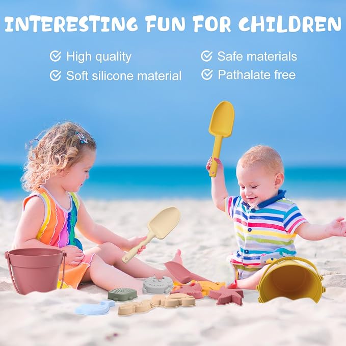 Hungdao 13 Pcs Silicone Beach Toys Travel Beach Set Sand Toys Including 3 Silicone Buckets 3 Shovels 6 Sea Creature Sand Molds 1 Bag for Kids Boys Girls Summer Pool Outdoor Bath(Pink White Yellow)
