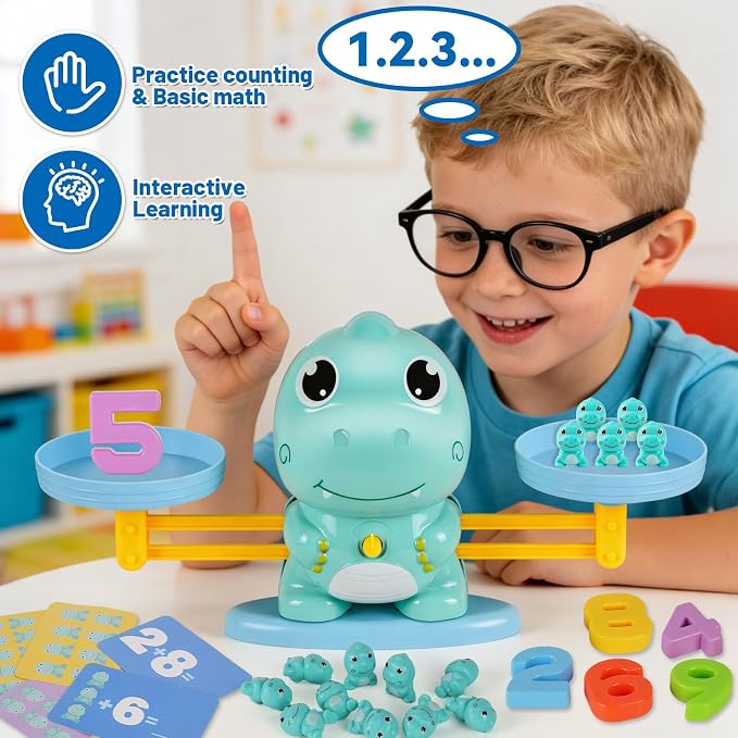 Dinosaur Math Balance Toy for Kids Ages 3-7, Montessori Number Blocks Learning & Educational Dinosaur Toys for Kids 3-5 and Math Games for Kids 5-7,Ideal Gift for Kids (Basic Blue)