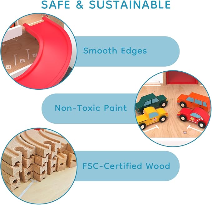 Wooden Parking Garage Toy Set for Toddlers Ages 3-5 - Hand-Crank Elevator & Spiral Ramp Track, Compatible with Standard Train Tracks, Birthday for Boys and Girls