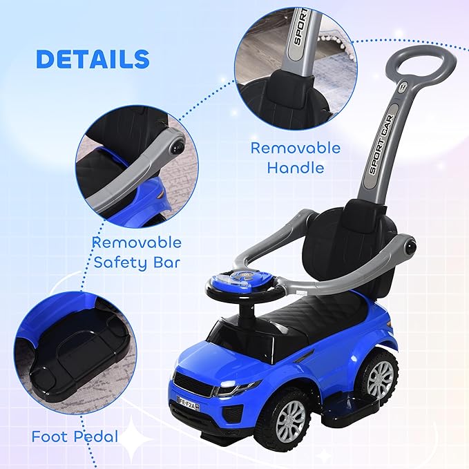 Aosom 3 in 1 Push Cars for Toddlers Kid Ride on Push Car Stroller Sliding Car with Horn Music Light Function Secure Bar Ride on Toy for Boy Girl 18-36 Months, Blue
