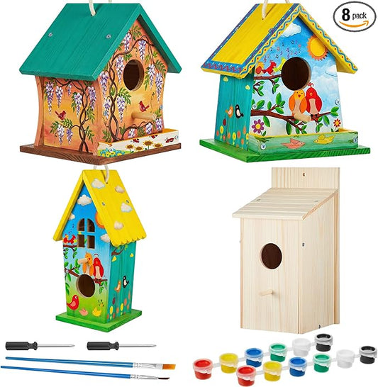 Liliful 8 Pack Birdhouse Crafts for Kids, Wooden Creative DIY Bird House Kits Arts and Crafts Set for Kids and Adults, Spring Birthday Gifts for Toddlers Ages (Vintage Style)