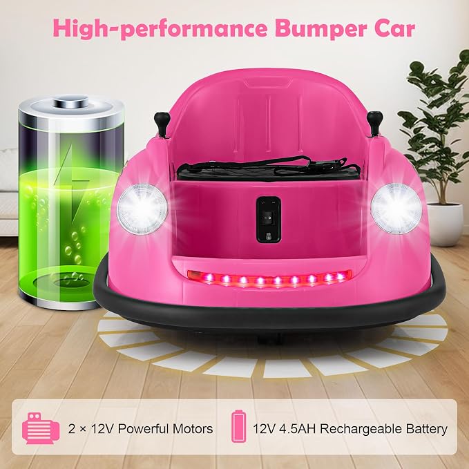 Costzon Bumper Car for Toddler, 12V Electric Kids Ride on Bumper Car with Remote Control, 360 Degree Spin, LED Lights, Music, Battery Powered Baby Bumping Toy Gift for Toddlers 2-5 Years Old (Pink)