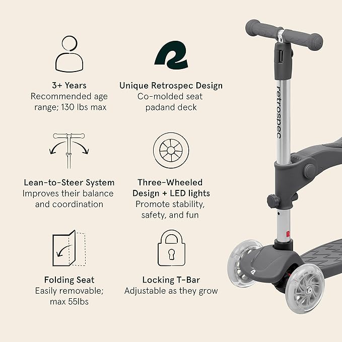 Retrospec Chipmunk Plus Kids’ Kick Scooter 3+ Years - Height Adjustable 3 Wheel Scooters - Learn to Steer, Foldable Seat, LED Lights, & No-Slip Deck