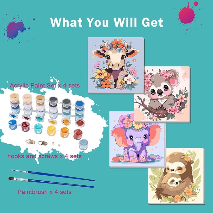 4 Pack Paint by Numbers Kit for Kids Paints by Number Kits Age 4-8 Painting Kits for Kids Ages 8-12 Girls Framed Canvas Paint by Number Animals Drawing Kit Color by Number for Beginners 8x8 Inch