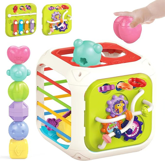 MINGKIDS 7 in1 Baby Sensory Montessori Activity Cube Toys, Shape Sorter Early Learning Toys,Developmental Infant Birthday Gifts for Toddler Age 1 2 3