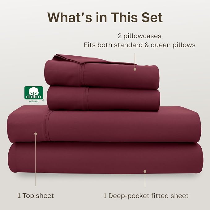 California Design Den Soft 100% Cotton Queen Size Bed Sheets Set, 400 Thread Count Good Housekeeping Award Winner, Silky Smooth Sateen with Deep Pockets, Durable Queen Bed Sheet Set - Burgundy Red