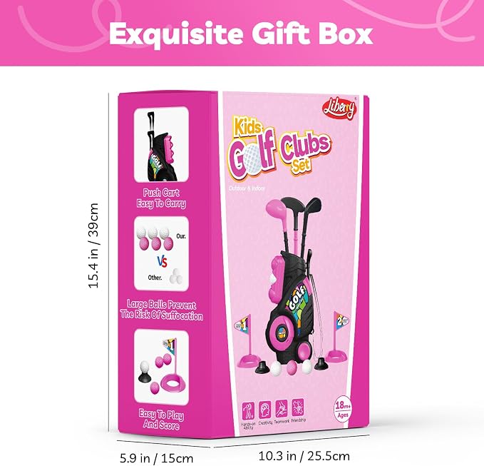 Liberry Toddler Golf Set for Girls Boys 2 3 4 Years Old, Upgraded Kids Golf Cart with Shoulder Strap Design, Outdoor Indoor Sports Toys Birthday Gifts, Black & Pink