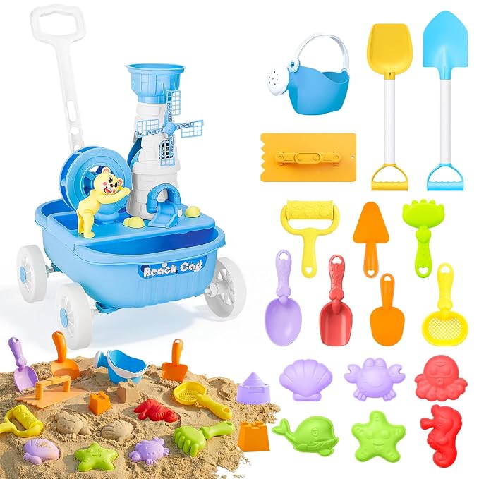 deAO Beach Toys for Kids 21 Pcs Sand Toys Set Includes Wagon Water Wheel Beach Tool Kit Watering Can Molds Summer Gifts for Toddlers Ages 3-8