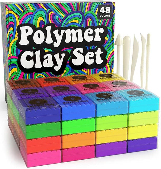 HIPPIE CRAFTER Polymer Clay Set - 48 Colors Oven Bake Clay, Colorful Modeling Clay Kit with 5 Tools for Sculpting, Jewelry Making, Beads, Earrings, Molds, and Crafts