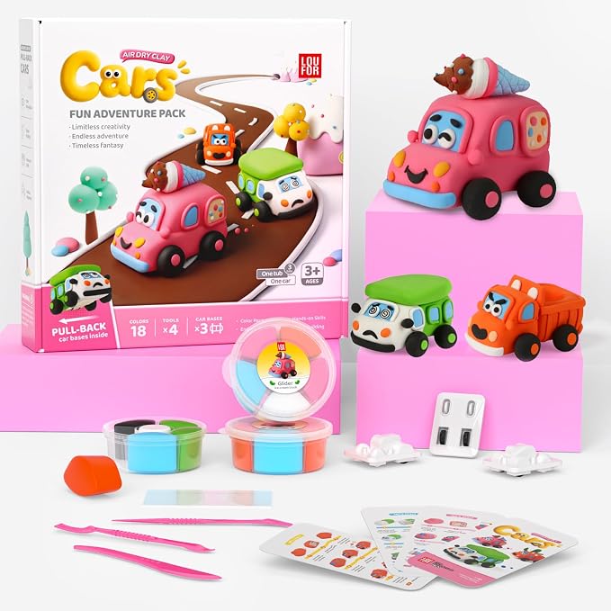 Air Dry Clay Kit for Kids - Pull Back Car Making, 3 Boxes Modeling Clay with Sculpting Tools, Base, Backing Board, Tutorial, Ultra Light & Soft, Non-Toxic & Safe, Creative DIY Arts and Crafts Toys